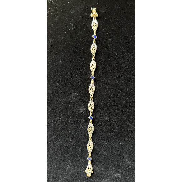 SIGNED DL Gold Plated Sterling 925 Filigree Sapphire Blue Crystals 7.5” Bracelet - Picture 5 of 12